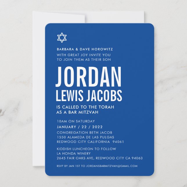 Invitación BAR MITZVAH niño estrella moderno real azul blanco (Anverso)