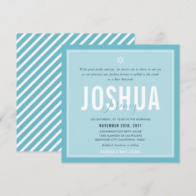 Invitación BAR MITZVAH nombre moderno cielo azul brillante (Anverso / Reverso)