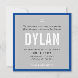 Invitación BAR MITZVAH nombre moderno gris azul real DYLAN