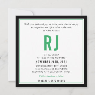 Invitación BAR MITZVAH nombre moderno negro kelly verde