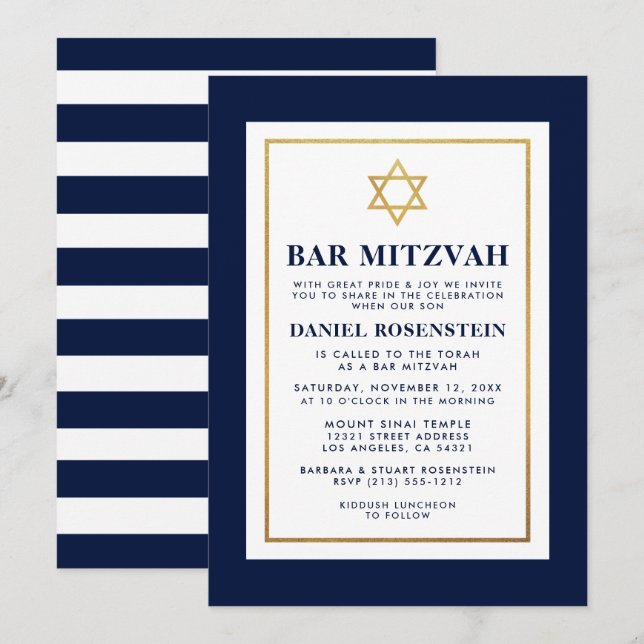 Invitación Bar Mitzvah Oro Azul y Blanco a rayas (Anverso / Reverso)