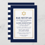 Invitación Bar Mitzvah Oro Azul y Blanco a rayas<br><div class="desc">Bar Mitzvah Tarjeta de invitación dorada azul - Estrella dorada,  con la parte trasera a rayas</div>