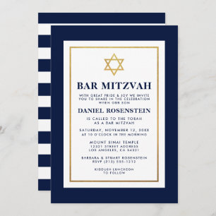 Invitación Bar Mitzvah Oro Azul y Blanco a rayas