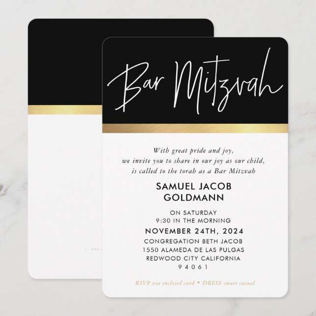 Invitación BAR MITZVAH oro negro ultramoderno moderno (Anverso / Reverso)