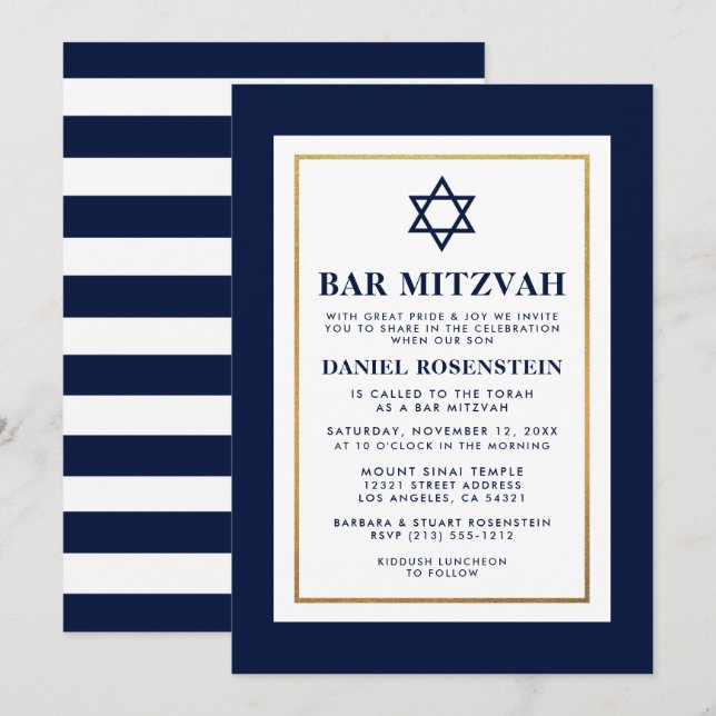Invitación Bar Mitzvah Oro rayado azul y blanco (Anverso / Reverso)