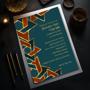Invitación Bar Mitzvah Oro Verde azulado Estrella de Arroz Az