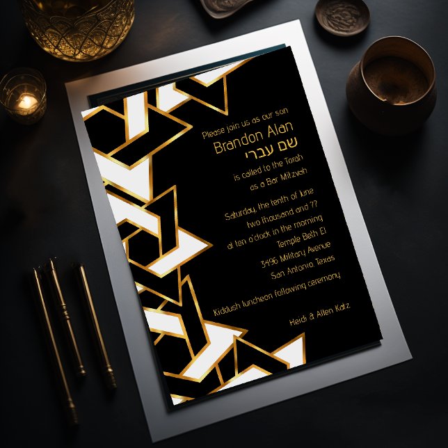 Invitación Bar Mitzvah Oro y Negro Estrella Blanca de David (Subido por el creador)