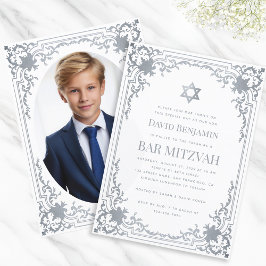 Invitación Bar Mitzvah Photo Faux Silver Star Elegant Ornate