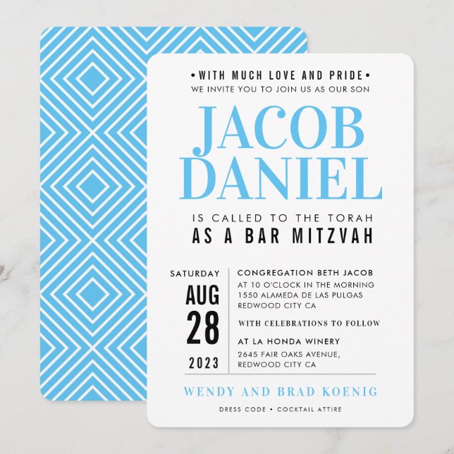 Invitación BAR MITZVAH pila geométrica moderna azul deportivo (Anverso / Reverso)