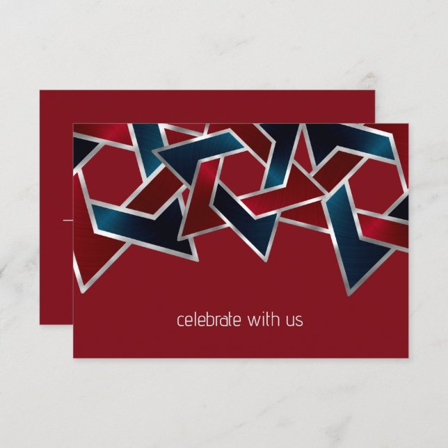 Invitación Bar Mitzvah Plata Azul Marino Rojo Estrella de Dav (Anverso / Reverso)
