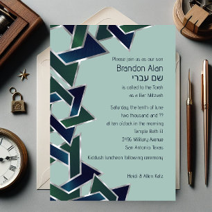 Invitación Bar Mitzvah Plata Azul Marino Verde Estrella de Da