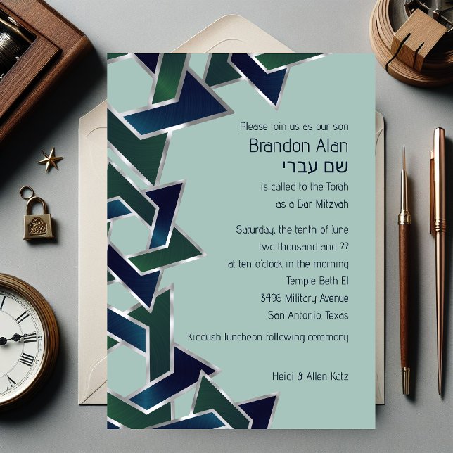 Invitación Bar Mitzvah Plata Azul Marino Verde Estrella de Da (Subido por el creador)
