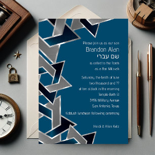 Invitación Bar Mitzvah Plata Azul Teal Gris Estrella de David