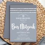 Invitación Bar Mitzvah Plata Gris Moderno Tallit Simple Negri<br><div class="desc">¡Siéntete orgulloso, regocijo y exhibe este hito de tu Bar Mitzvah favorito! Envíe esta invitación fresca, única, moderna y personalizada para un evento que recordar. Tipografía audaz, de escritura blanca, Estrella de David y un purpurina suave gris y plateado rayado con tallo inspirado en el gráfico, superponen un fondo gris...</div>