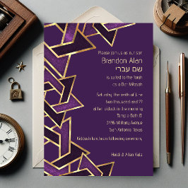 Invitación Bar Mitzvah Plum Estrella morada de oro de David