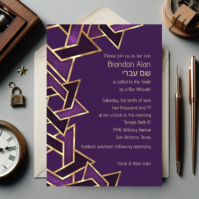 Invitación Bar Mitzvah Plum Estrella morada de oro de David (Subido por el creador)