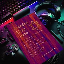 Invitación Bar Mitzvah Plum y Naranja Techno Streaks