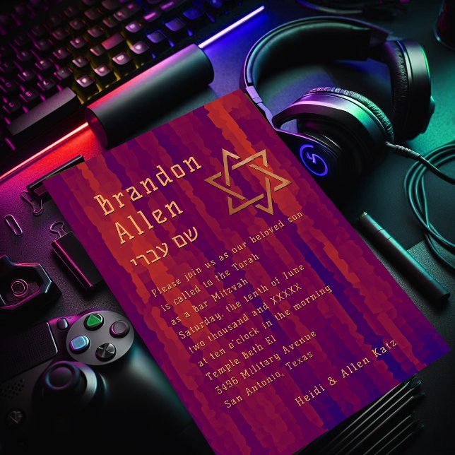 Invitación Bar Mitzvah Plum y Naranja Techno Streaks (Subido por el creador)