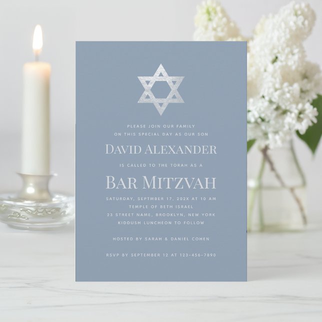 Invitación Bar Mitzvah Polvo Azul Falso Estrella de David Pla (Subido por el creador)