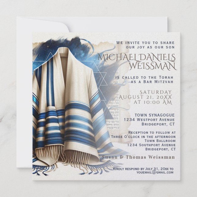 Invitación Bar Mitzvah Prayer Shawl Scroll (Anverso)