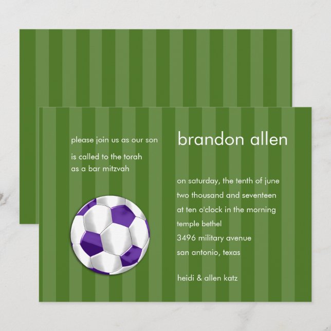 Invitación Bar Mitzvah Purple and White Soccer Ball (Anverso / Reverso)