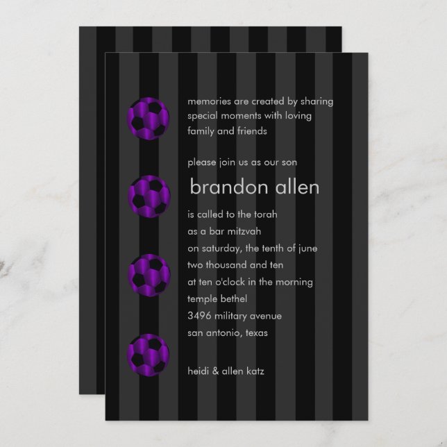 Invitación Bar Mitzvah Purple y Black Soccer Ball (Anverso / Reverso)
