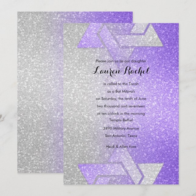 Invitación Bar Mitzvah Purpura con Gradiente Brillante (Anverso / Reverso)