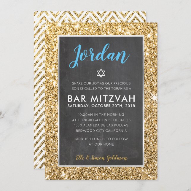 Invitación BAR MITZVAH purpurina fresco de pizarra de oro inv (Anverso / Reverso)