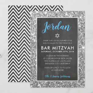Invitación BAR MITZVAH purpurina fresco de pizarra de plata i