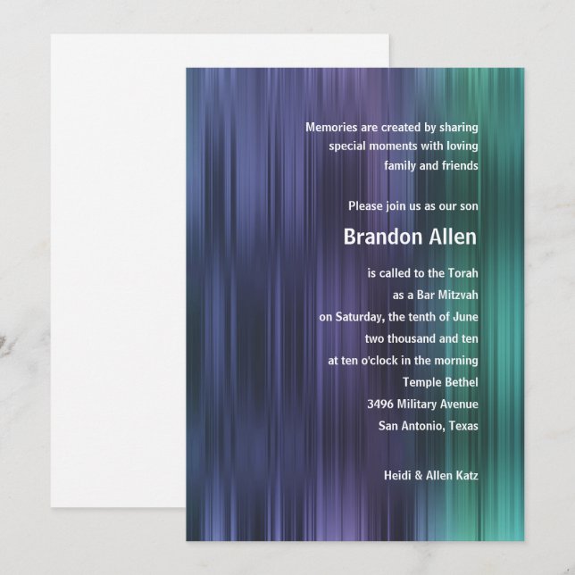 Invitación Bar Mitzvah Rayas Azul Morado Verde (Anverso / Reverso)
