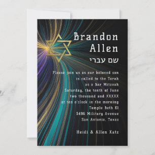 Invitación Bar Mitzvah Rays azules y dorados