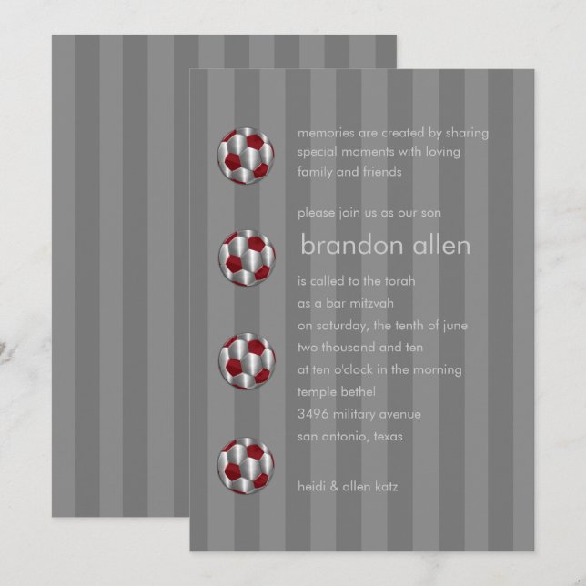 Invitación Bar Mitzvah Red and Silver Soccer Ball (Anverso / Reverso)