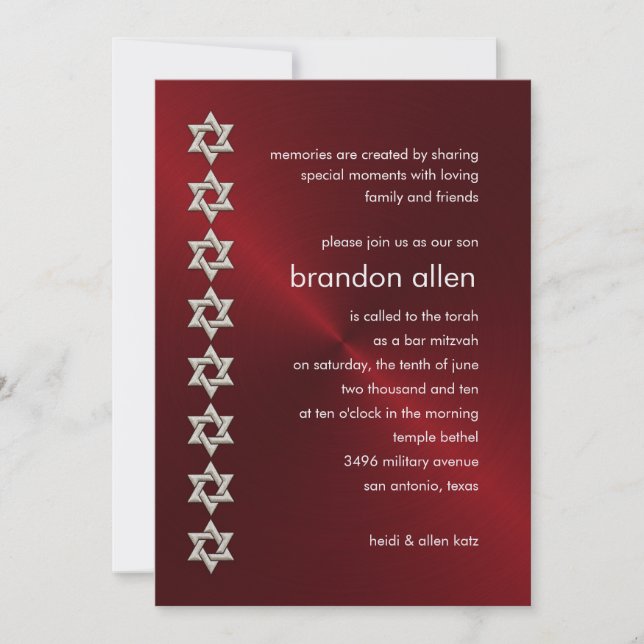Invitación Bar Mitzvah Red Sheen Estrellas plateadas de David (Anverso)