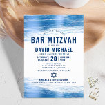 Invitación Bar Mitzvah Relieve metalizado azul negrita de la<br><div class="desc">¡Siéntete orgulloso, regocijo y exhibe este hito de tu Bar Mitzvah favorito! Envíe esta invitación fresca, única, moderna y personalizada para un evento que recordar. Los trazos de pincel de Relieve metalizado azul celeste metálico, junto con la tipografía azul marino audaz y la estrella de David, superponen un fondo simple...</div>