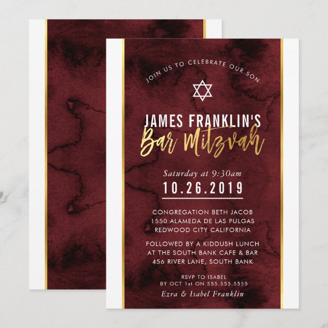 Invitación BAR MITZVAH rojo marocolor acuarela guión oro (Anverso / Reverso)