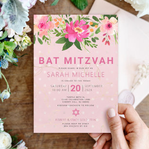 Invitación Bar Mitzvah Rosa Acuarela Floral Moderno Simple