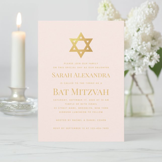 Invitación Bar Mitzvah Rosa y Estrella de David de Oro Falso  (Subido por el creador)