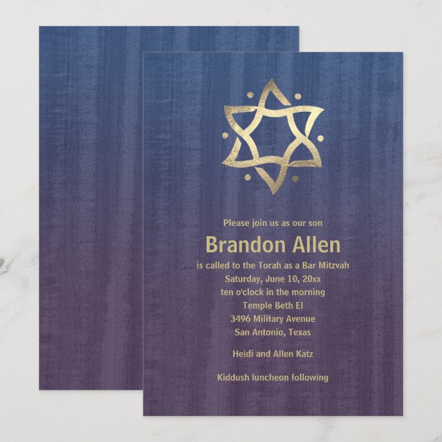 Invitación Bar Mitzvah Sained Wood Blue Plum Gold Star (Anverso / Reverso)