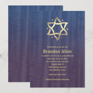 Invitación Bar Mitzvah Sained Wood Blue Plum Gold Star