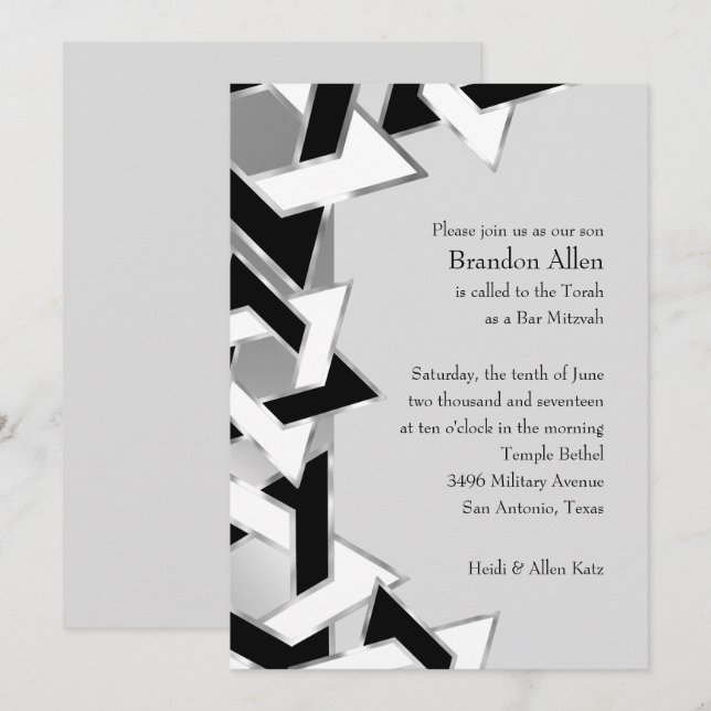Invitación Bar Mitzvah Silver Estrella blanca negra de David (Anverso / Reverso)