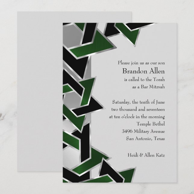 Invitación Bar Mitzvah Silver Green Star of David (Anverso / Reverso)