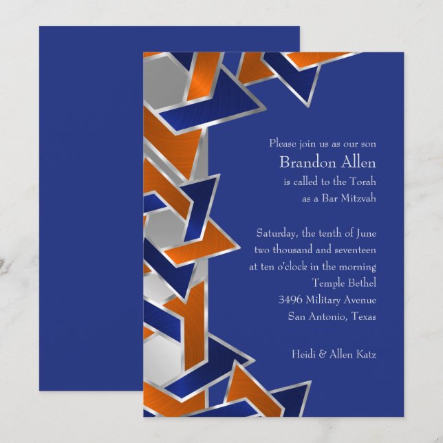 Invitación Bar Mitzvah Silver Naranja Estrella de David (Anverso / Reverso)