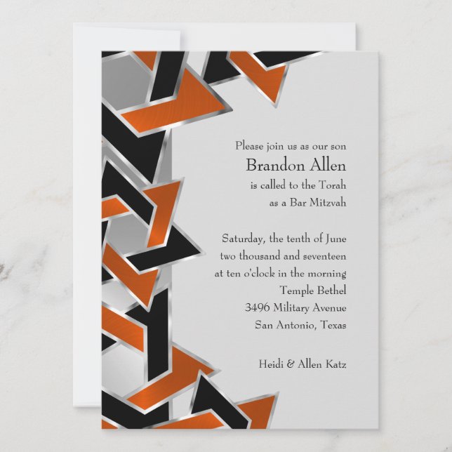 Invitación Bar Mitzvah Silver Naranja Estrella negra de David (Anverso)