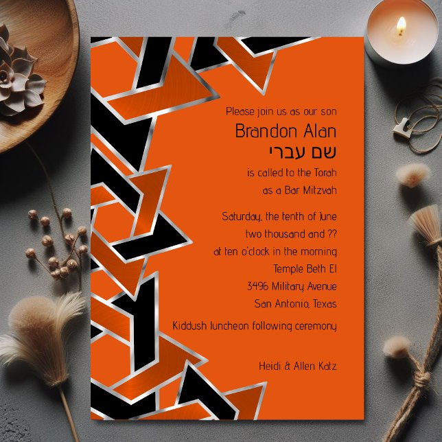 Invitación Bar Mitzvah Silver Naranja Estrella negra de David (Subido por el creador)