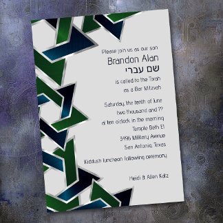 Invitación Bar Mitzvah Silver Navy Estrella Verde Azul de Dav