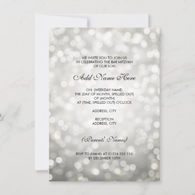 Invitación Bar Mitzvah Silver Purpurinas Luces (Anverso)
