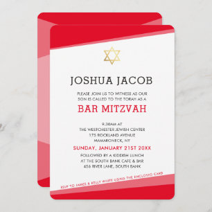 Invitación BAR MITZVAH simple estrella de oro rojo moderno