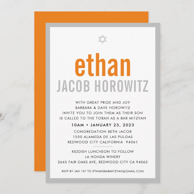 Invitación BAR MITZVAH simple estrella nombre moderno naranja (Anverso / Reverso)