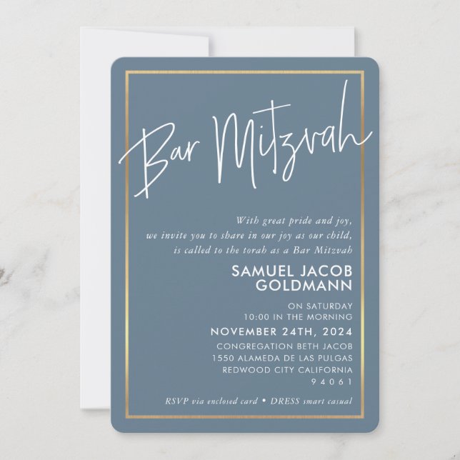 Invitación BAR MITZVAH simple minimalista moderno marco azul  (Anverso)