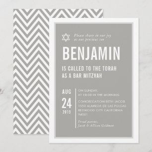 Invitación BAR MITZVAH simple moderna tipografía gris blanco
